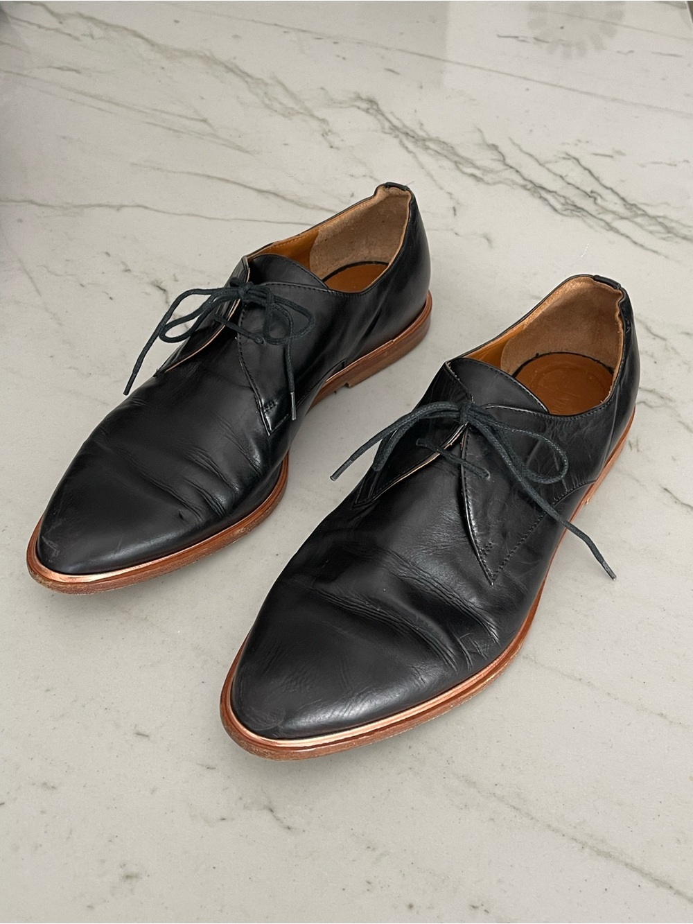 Veronique Branquinho Black Leather Lace-Up Oxfords Flats with Copper trim